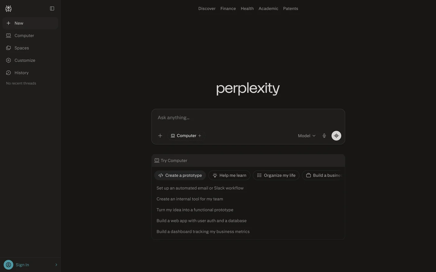 Perplexity homepage