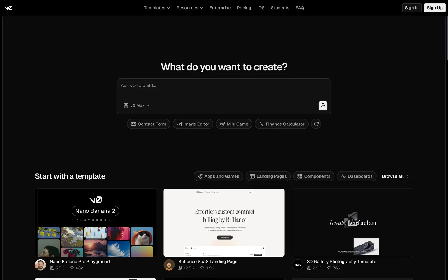 v0 homepage